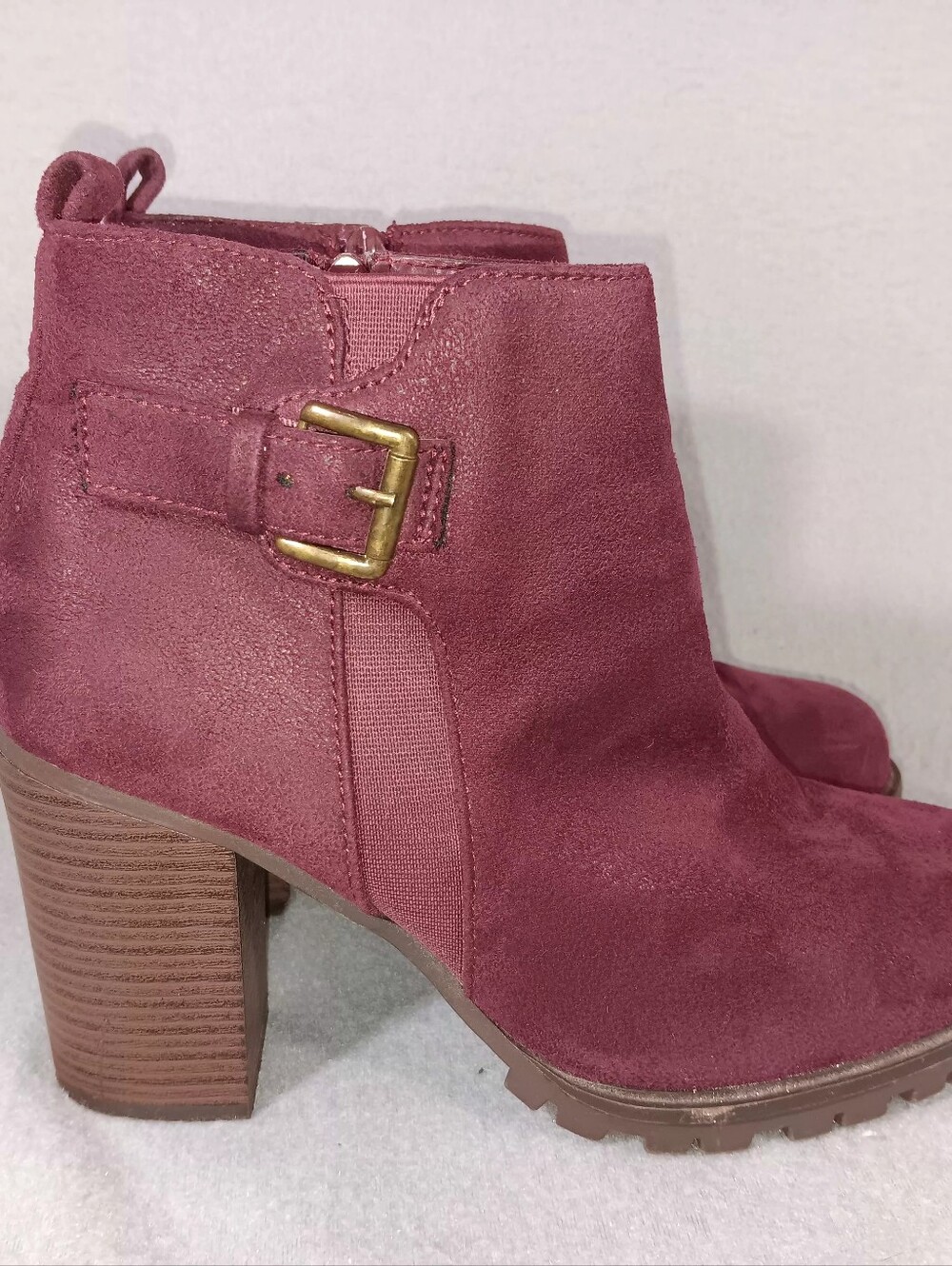 Sugar Chunky Heel Boho Western Ankle Booties Burgendy Faux Suede Lug Sole Sz 8.5